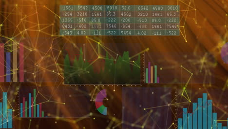 Animación-De-Gráficos-Multicolores,-Tablas-Numéricas-Y-Puntos-Conectados-Sobre-Fondo-Abstracto