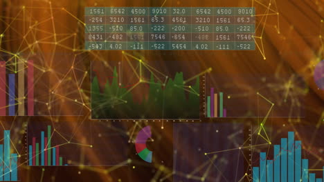 animación de gráficos multicolores, gráficos numéricos y puntos conectados sobre un fondo abstracto