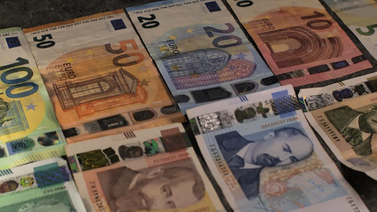 Bulgaria change currency, Bulgaria Lev to Euro. Money exchange. Paper banknotes on table. Concept, economy, competition, crisis, banking and finance. BGN,BGL. Scene B. Slide shot
