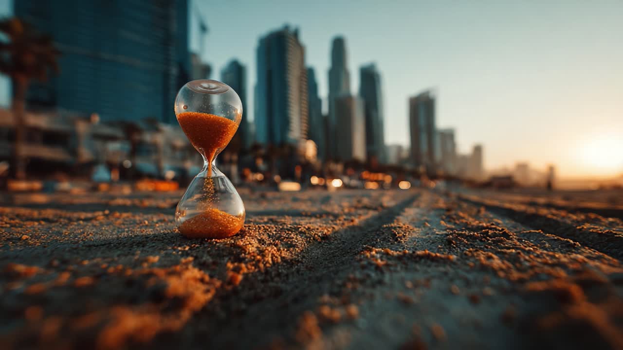 Un momento sereno al tramonto: una clessidra che simboleggia il passare del tempo su uno sfondo di grattacieli urbani e tranquille coste sabbiose