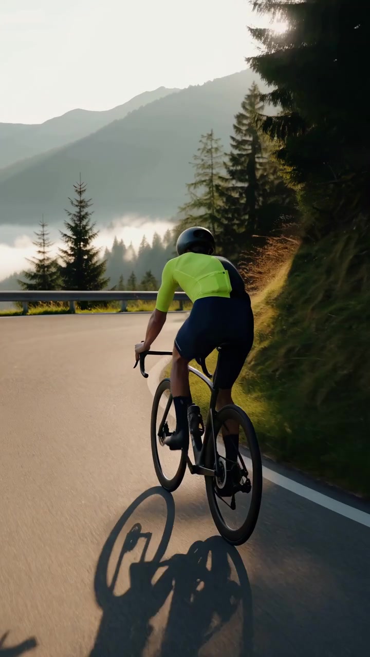 Un ciclista percorre una strada asfaltata curva in un ambiente collinare boscoso, con luce solare calda, ombre lunghe, vegetazione verde e posizione mutevole, catturato da una prospettiva laterale.