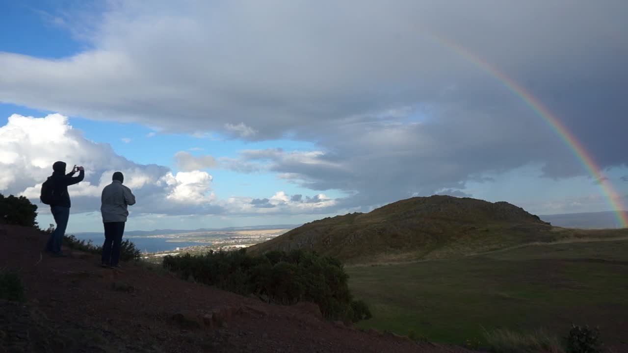 Two men taking a picture a rainbow on top of a scotish mountain
