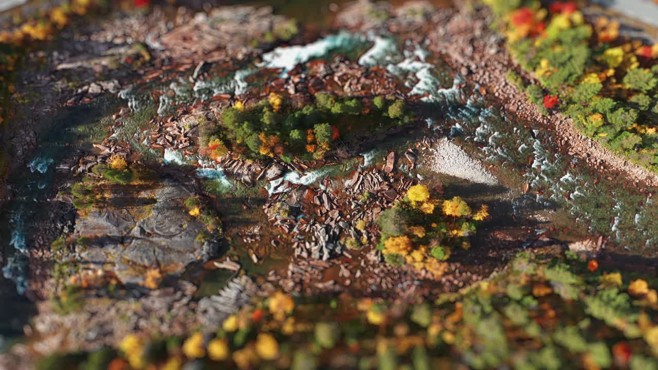 A scaled-down view of the turbulent mountain river runs through a rocky landscape. Aerial view, tilt-shift, loop video