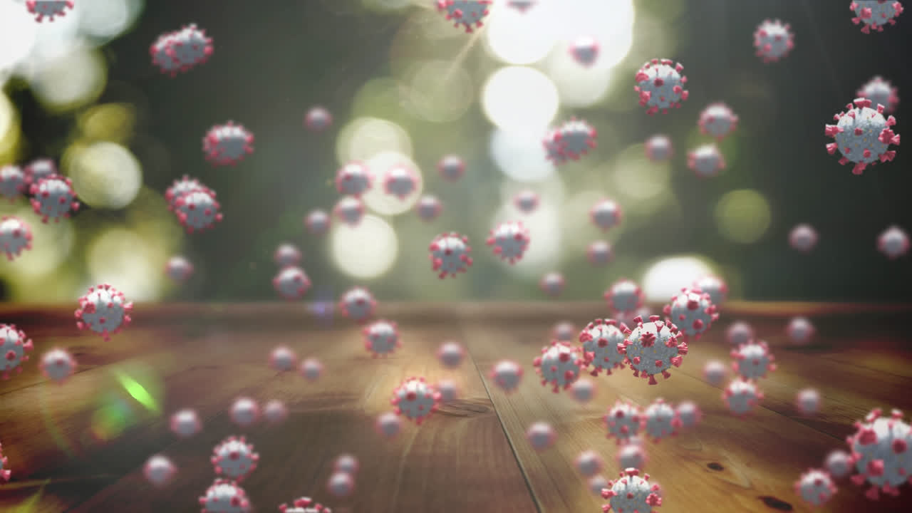 코로나19 세포가 나무 표면에 여러 개의 빛의 반점 위에 떠있는 애니메이션
