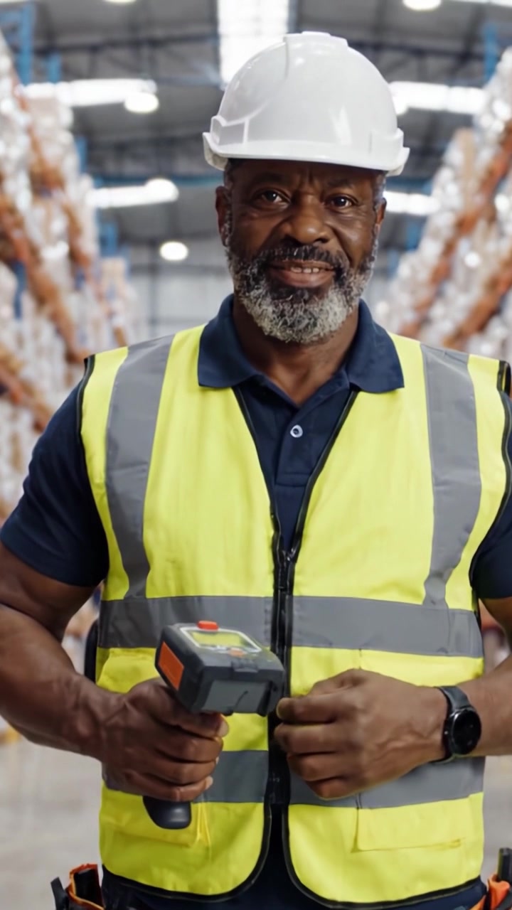 Un operaio di magazzino industrioso si erge con sicurezza tra scaffali pieni di merci, mostrando il suo impegno per la sicurezza e la produttività in un vivace ambiente logistico.