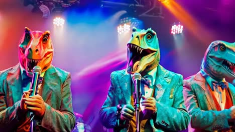 a group of three dinosaurs dressed in colorful suits singing into microphones