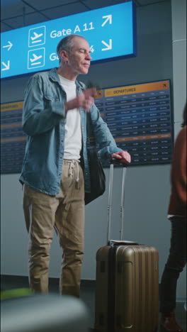 elderly man talking on phone at airport