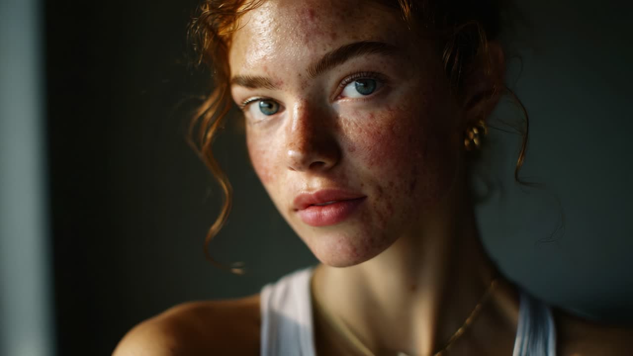 A Captivating Glimpse of Natural Beauty: This Portrait Showcases the Unique Charm and Expressive Features of a Young Person with Freckles and Flawless Skin, Emphasizing Genuine Emotions