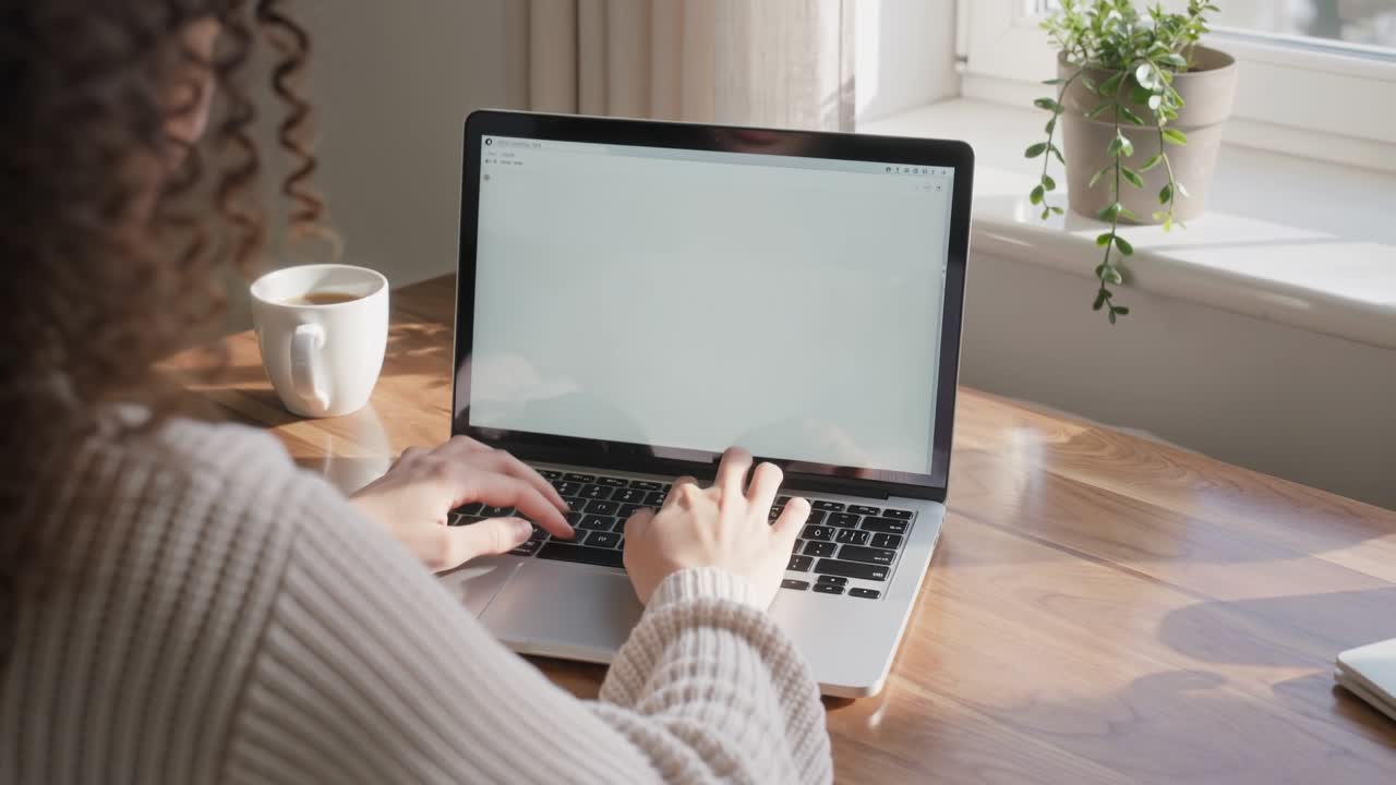 Giovane donna che lavora da remoto al laptop nel suo ufficio di casa con una tazza di caffè, alla luce del giorno.
