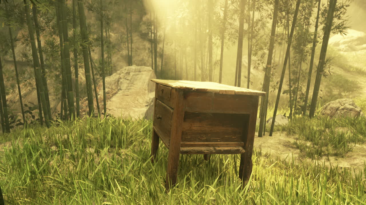 대나무 숲 에 있는 나무 의 테이블