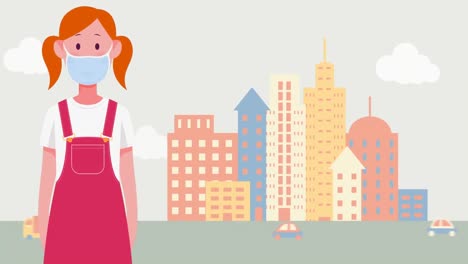 animación de una mujer con una máscara facial sobre el paisaje urbano