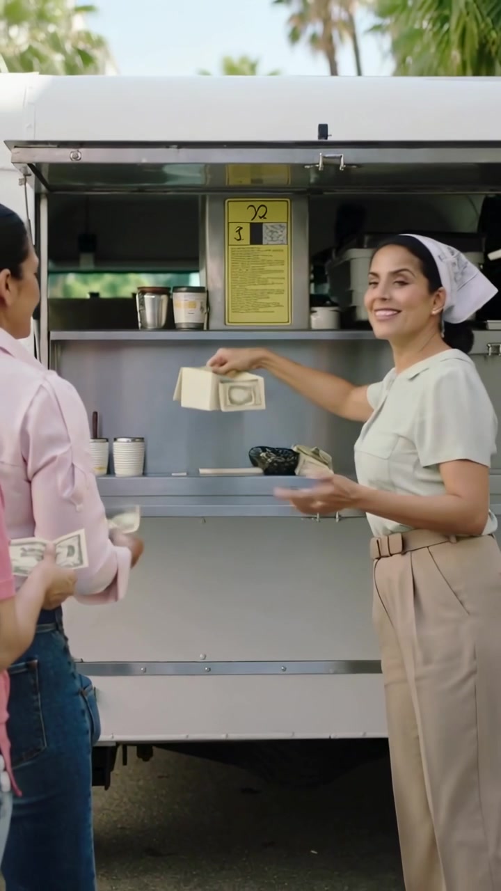 Vertical video: Opening hatch, server at food truck handing takeout as buyer paying cash