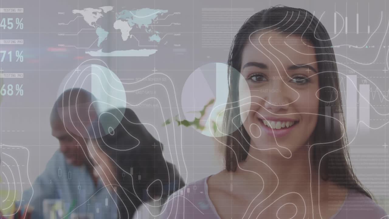 animación de líneas blancas y procesamiento de datos financieros sobre una mujer de negocios que usa una tableta