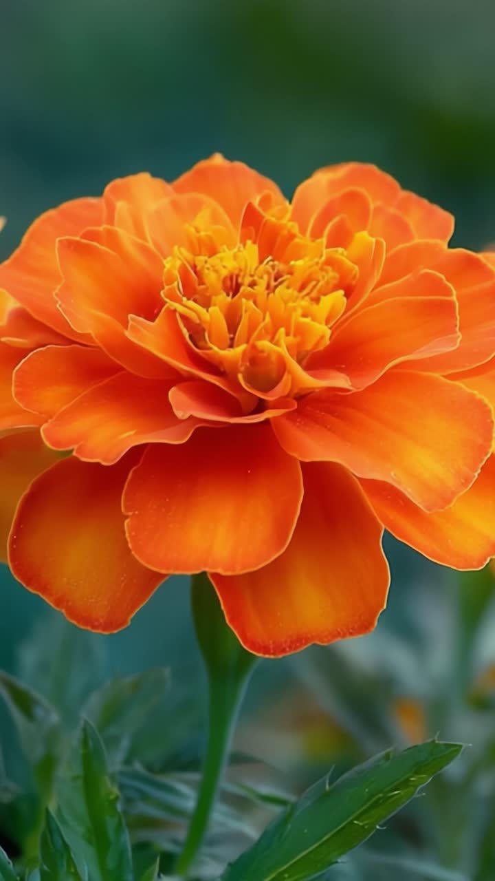 Uno splendido primo piano di un vivace fiore di calendula in piena fioritura, che mostra i suoi rigogliosi petali arancioni e il complesso centro giallo su uno sfondo naturale e delicato.