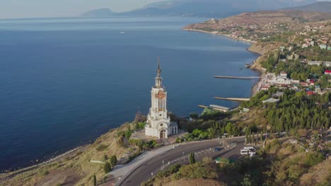 aerial view church tower on coastline landscape 003