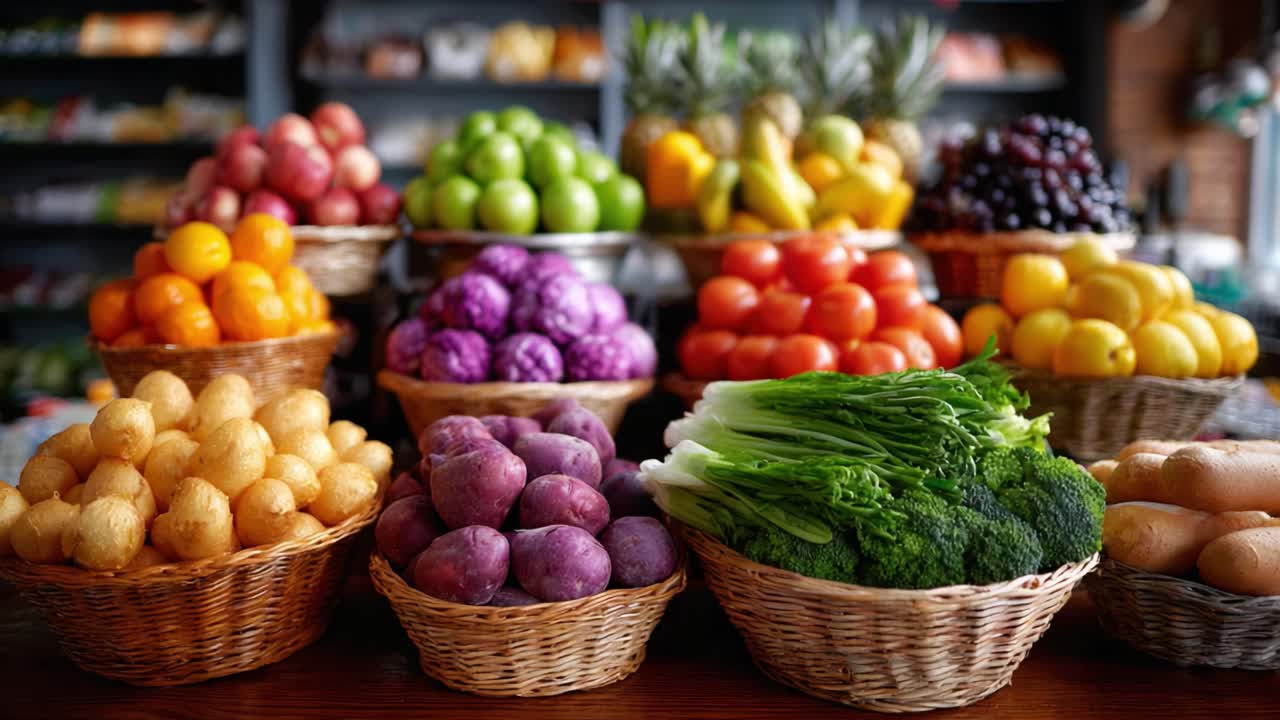 A Colorful Display of Fresh Vegetables and Fruits in Woven Baskets, Featuring a Variety of Colors and Textures, Perfect for a Healthy Meal Preparation