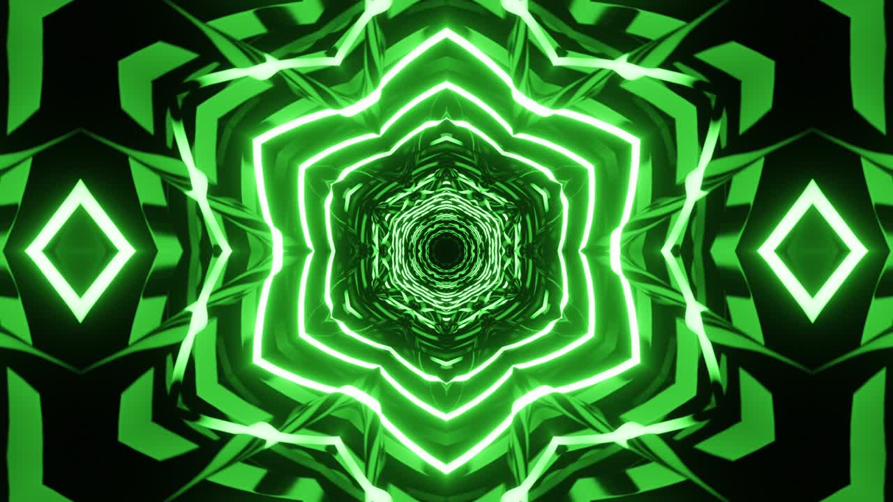 el caleidoscopio de neón verde de bucle vj. animación sin costuras.