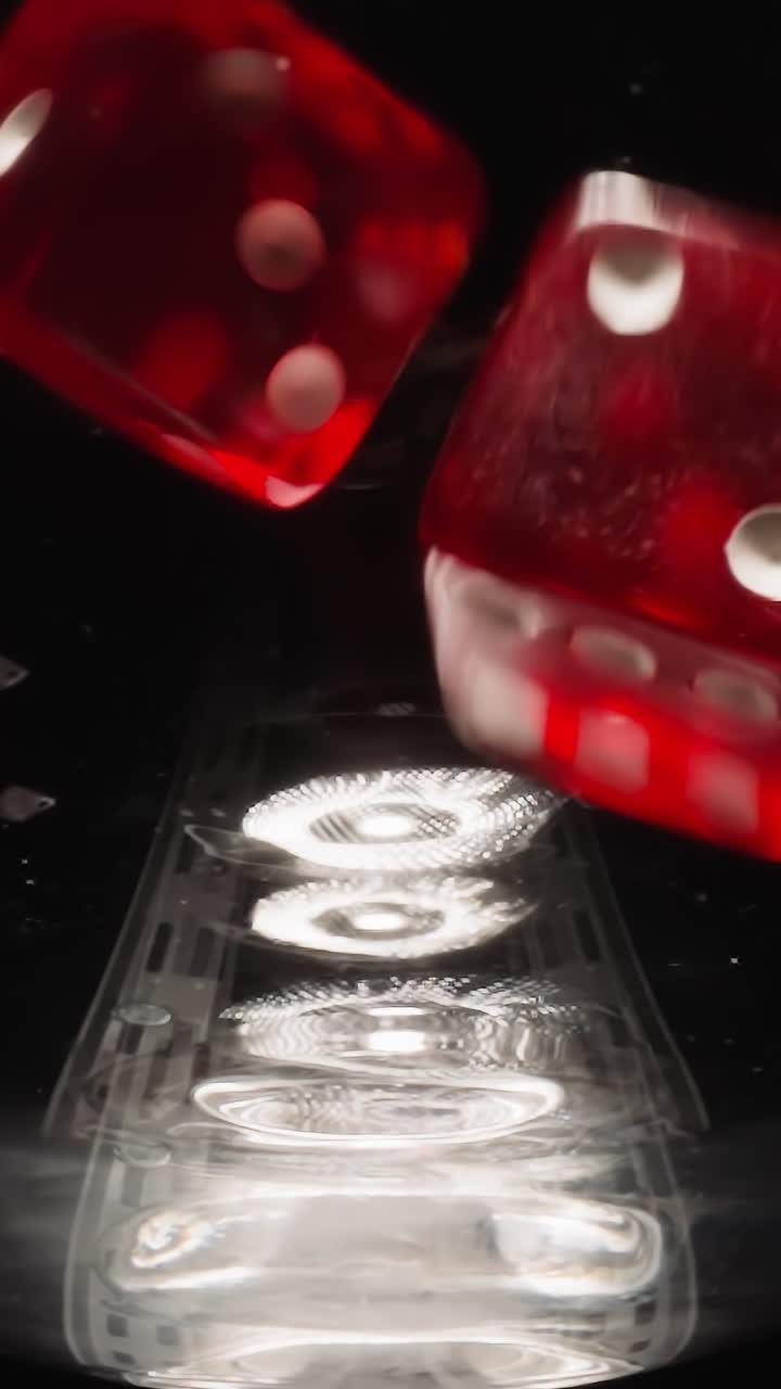 Red dices falling into empty glass at bright light hitting to sides. Small gaming cubes with white dots bounce and stop in glassware with multiple reflections on black macro