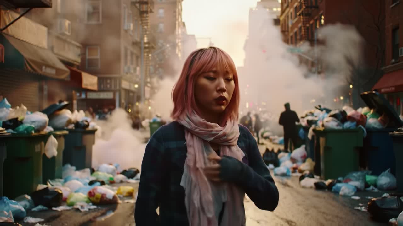 A woman in a polluted urban environment, surrounded by overflowing trash bins and smoke, showcasing the impact of waste on city landscapes and daily life