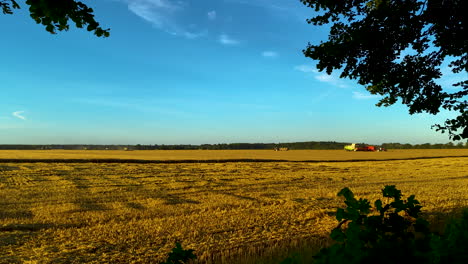 Equipo-Agrícola-Trabaja-En-El-Campo-Durante-La-Cosecha,-Enorme-Campo-De-Grano