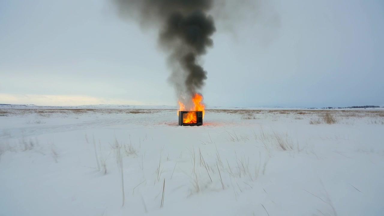 Brennende metallbeholder etter intern antennelse, avgir mørk røyk over snødekt slette, smeltet ring.