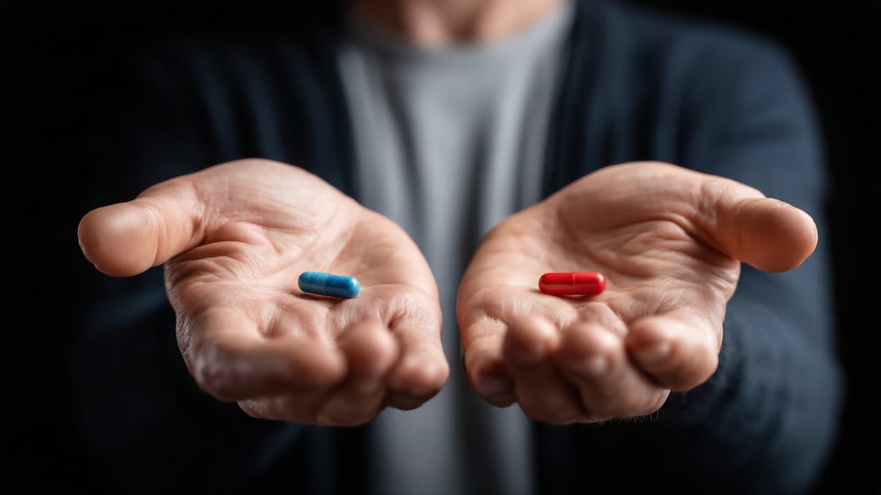 A Thought-Provoking Dilemma: The Choice Between Two Distinct Paths Represented by Blue and Red Capsules in Open Hands