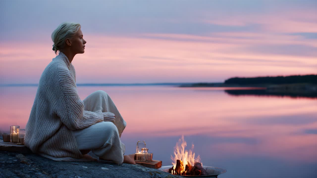Contemplative Moment by the Water: A Serene Scene with a Woman Gazing at the Sunset Over a Calm Lake, Surrounded by Candles and a Flickering Fire, Invoking Peace and Reflection