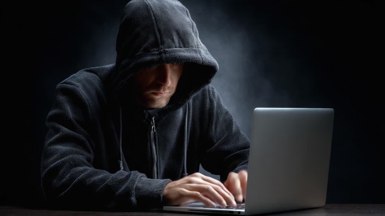 A shadowy figure in a dark hoodie intensely focuses on a laptop, embodying the essence of digital intrigue and the mysteries of the cyber world