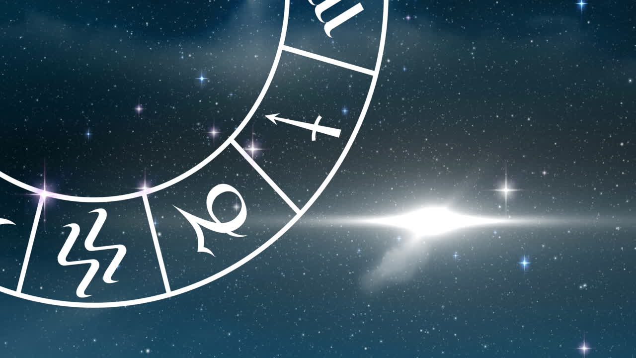 공간에서 조디악 기호의 빛의 점과 나선형 기호의 디지털 애니메이션