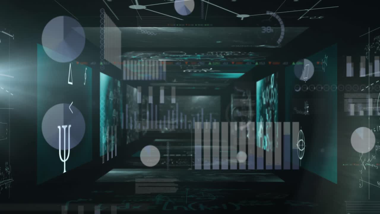 Animation of statistics and data processing on screens over dark background