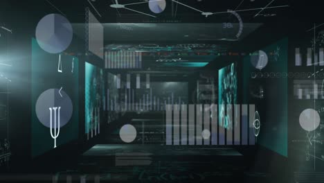 animation of statistics and data processing on screens over dark background