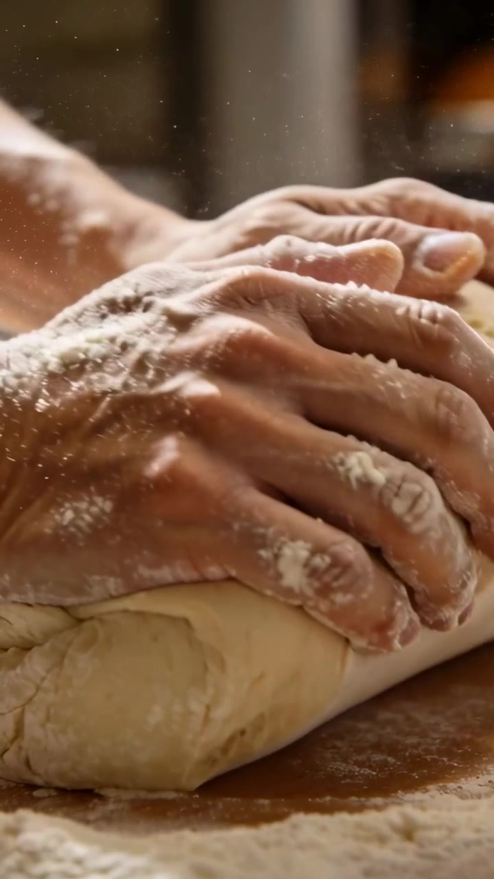 Vertical video: Kneading adult hands after flouring bench, pressing, folding dough, shaping loaf