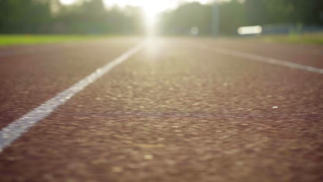 beautiful sun rays landing on a sprint track edge in an empty olympic stadium