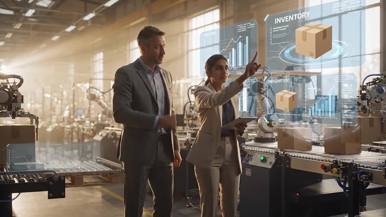 Forretningsfolk bruger Augmented Reality til at overvåge fabriksproduktion