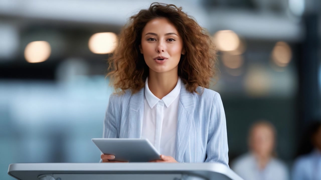 Engaging Young Professional at a Modern Presentation Setting, Showcasing her Confident Smile and Commanding Presence with a Digital Tablet in Hand