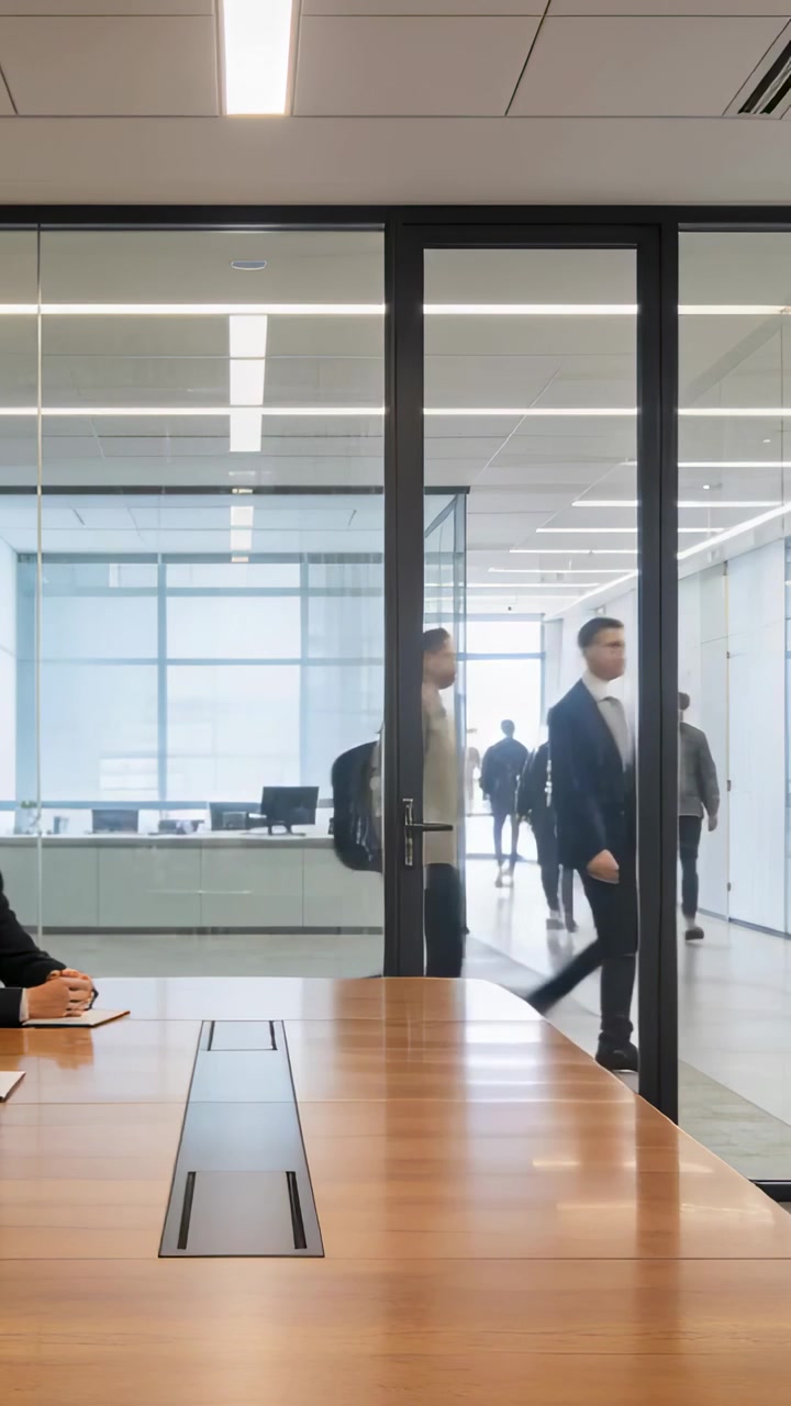 Vertical video: Filming camera capturing wood table and glass door in office as staff in suits walk