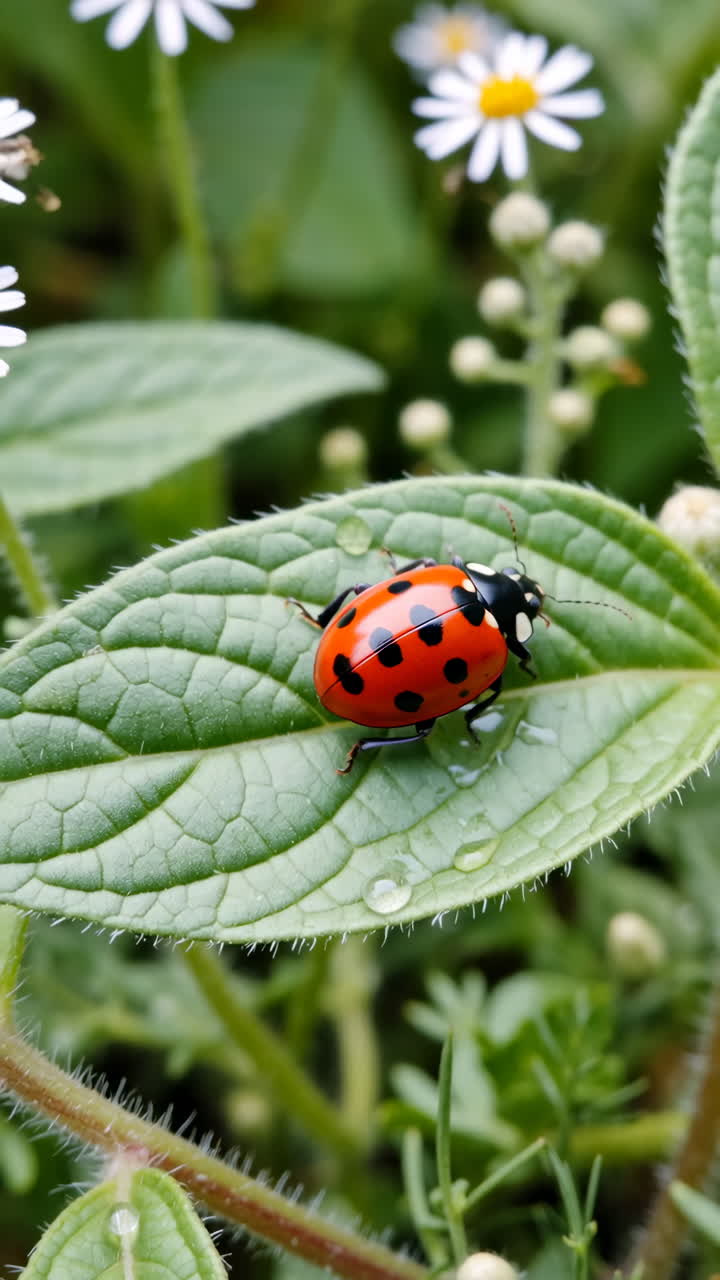 Close-Up of a Red Ladybug on a Green Leaf with Water Droplets