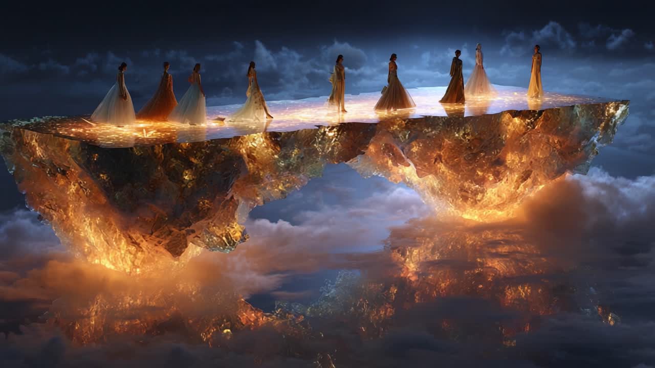 A breathtaking blend of fantasy and elegance, featuring ethereal figures walking on a stunning, floating island suspended among clouds, illuminated by warm, glowing light