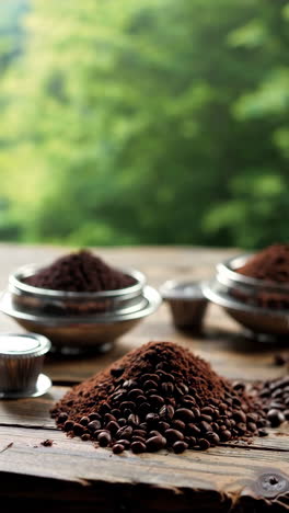 coffee beans, grounds and equipment on a wooden table