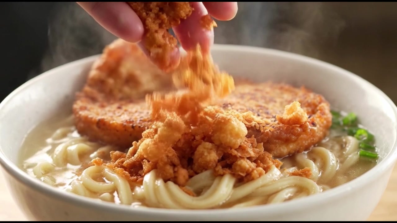 Hand Sprinkling Crispy Toppings Over a Bowl of Hot Ramen