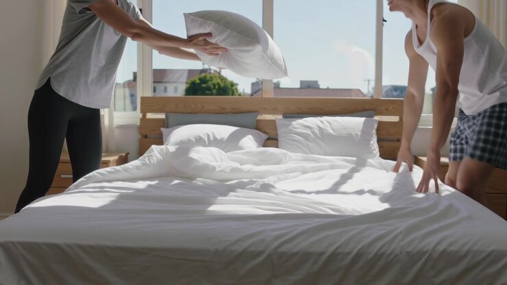 Straightening couple making bed as sunlight streaming in bedroom, in casual clothes passing pillow