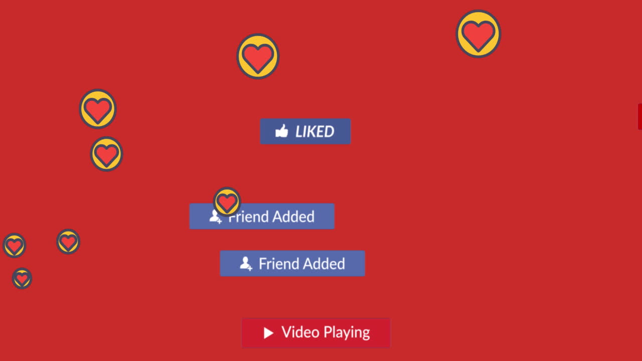 animación del texto de las redes sociales en banners con iconos digitales sobre fondo rojo