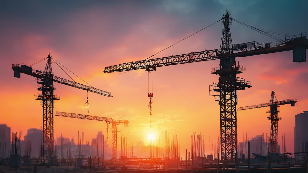 A Beautiful Sunset Over a Construction Site Highlighting Tower Cranes Silhouetted Against the Vibrant Sky, Symbolizing Progress and Urban Development
