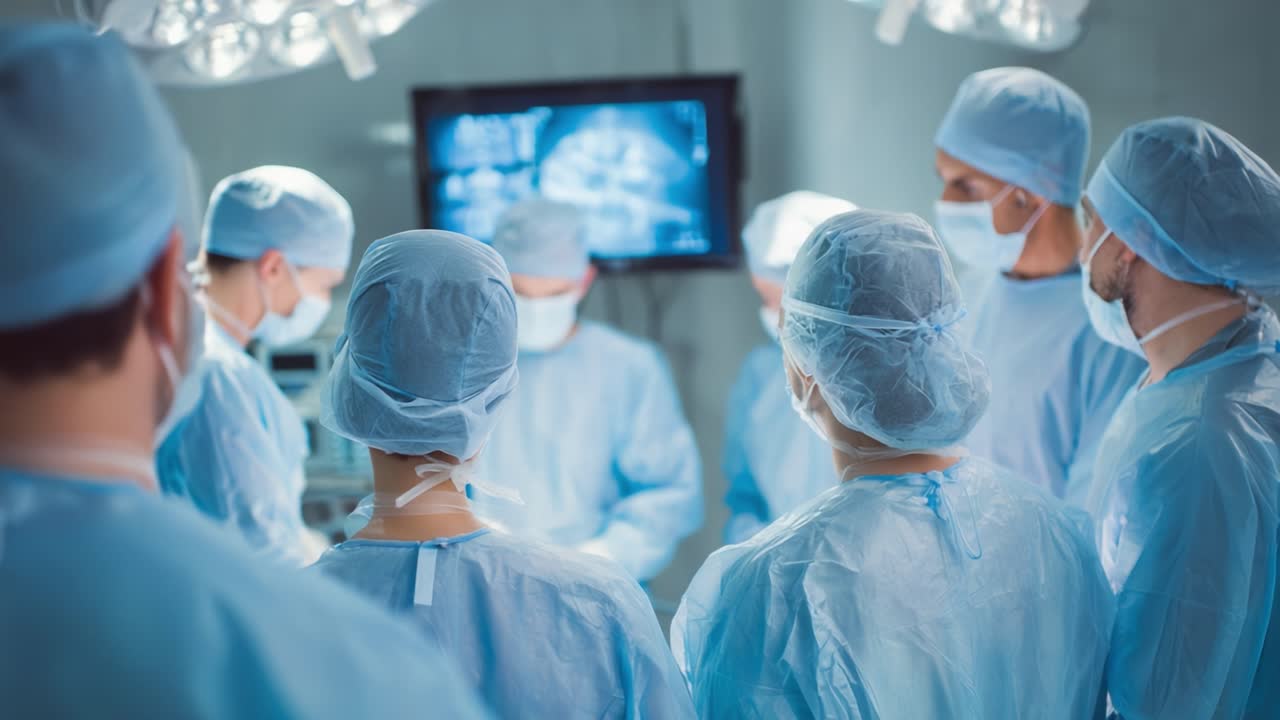 Surgeons Collaborate in an Operating Room, Focusing on a Surgical Procedure with High-Tech Equipment and Teamwork Under Bright Medical Lights