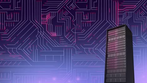 Computer-server-tower-on-circuit-board-with-purple-background