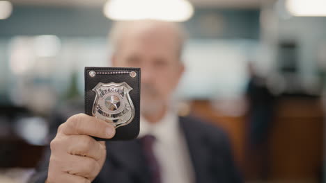 Police-officer-holding-up-a-badge-shallow-depth-of-field