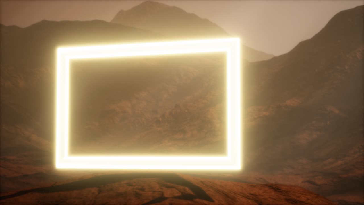 portal de neón en la superficie del planeta marte con el soplo de polvo