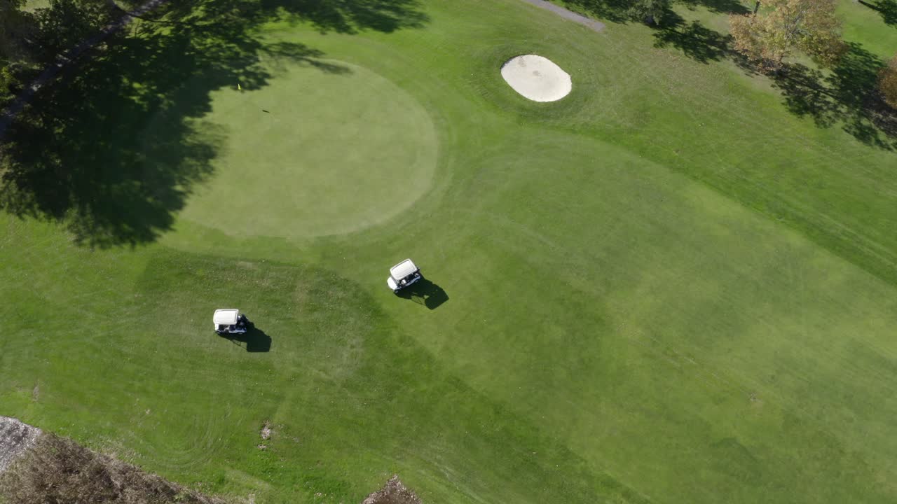 Drone footage of Golf Course. This is one clip of many in this series - each of which shows a different angle of the golf course and slightly different contents (greens - players) in the frame.