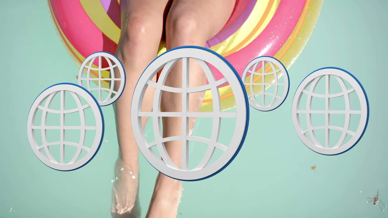 Woman on float kicking feet in blue water, animated globes appearing over legs, promoting travel