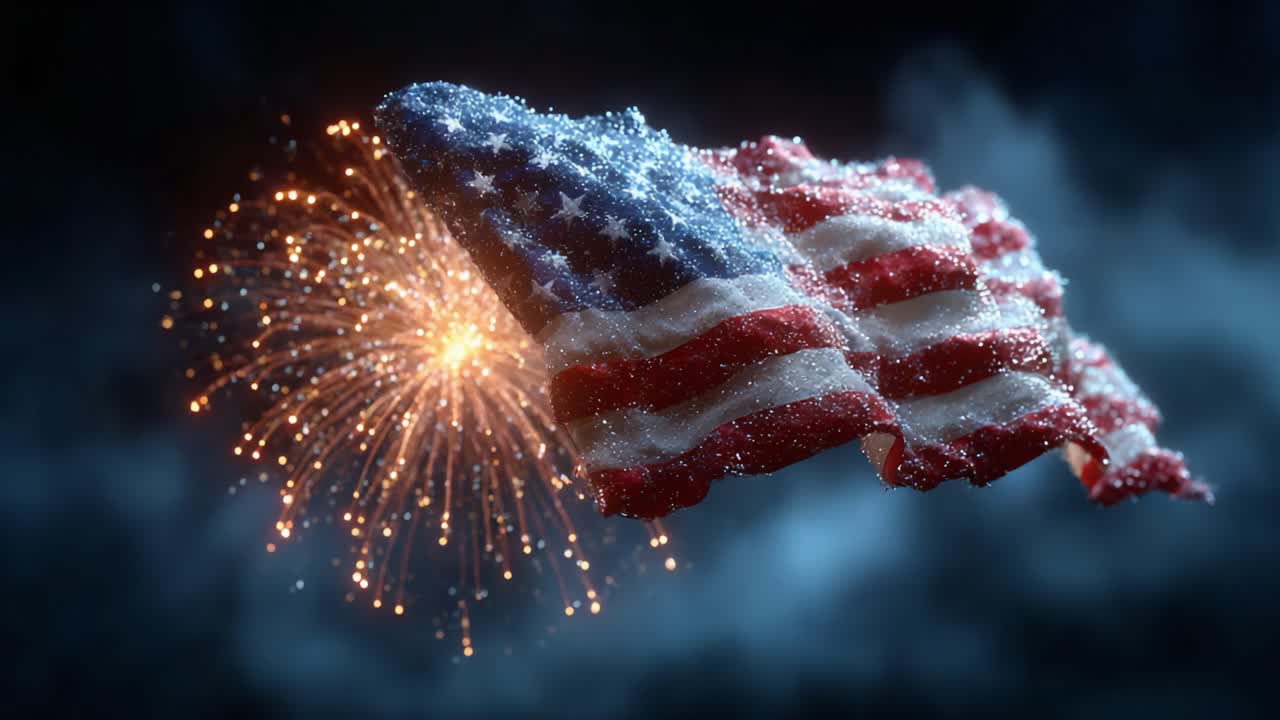 A Vibrant Display of Patriotism: American Flag Waving Elegantly Amidst a Spectacular Fireworks Show that Enlightens the Night Sky